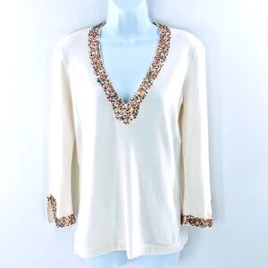 White + Warren Womens Cotton V Neck Beaded Sweater White Long Sleeve Sz S